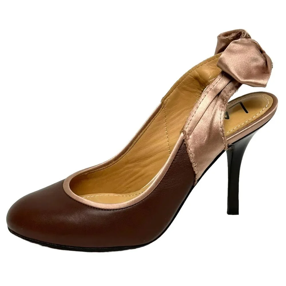LANVIN Brown Leather & Pink Silk Slingback Bow Pumps Heels 37 6.5 7 Italy